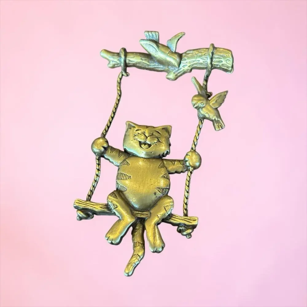 Whimsical JJ Cat on Swing Brooch Dangling Bird Gold Tone Vintage Figural
